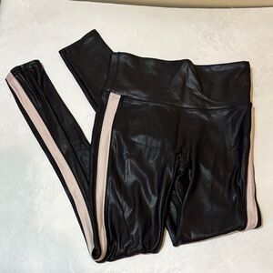Spanx Feaux Leather Black Leggings with white Stripes, small